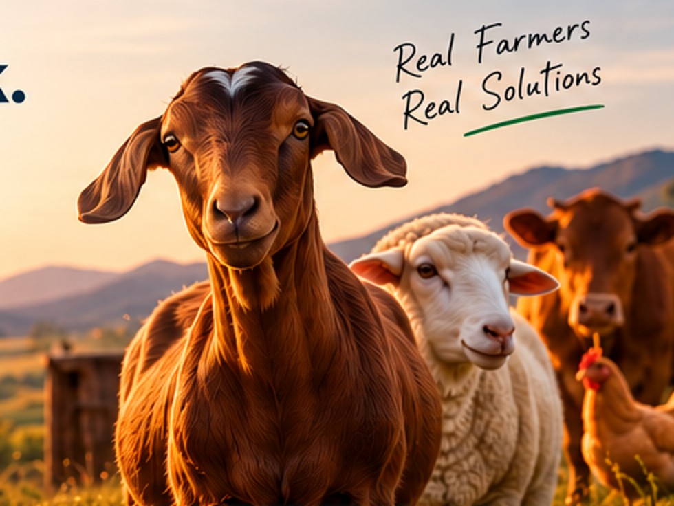 Goats and sheep on a farm at sunset